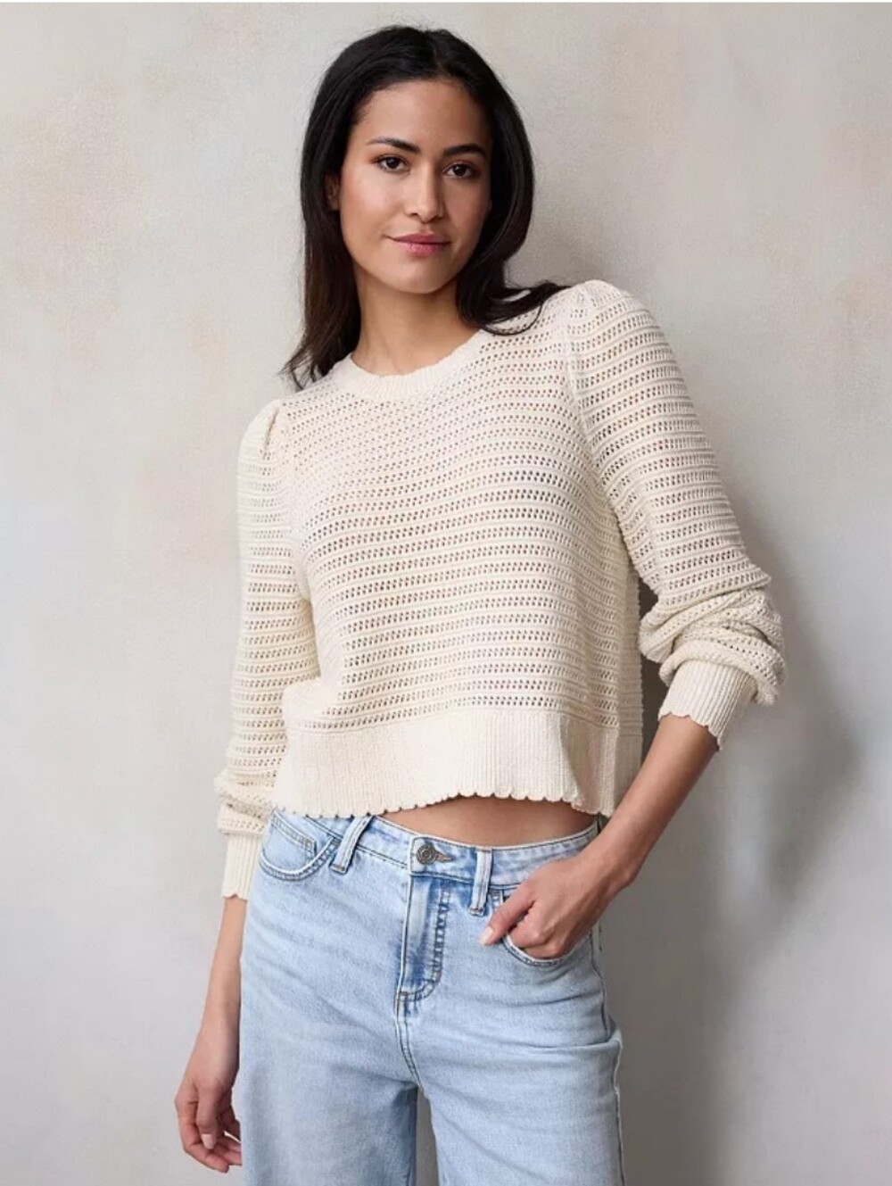 LC Lauren Conrad Cream Open-Knit Crewneck Sweater